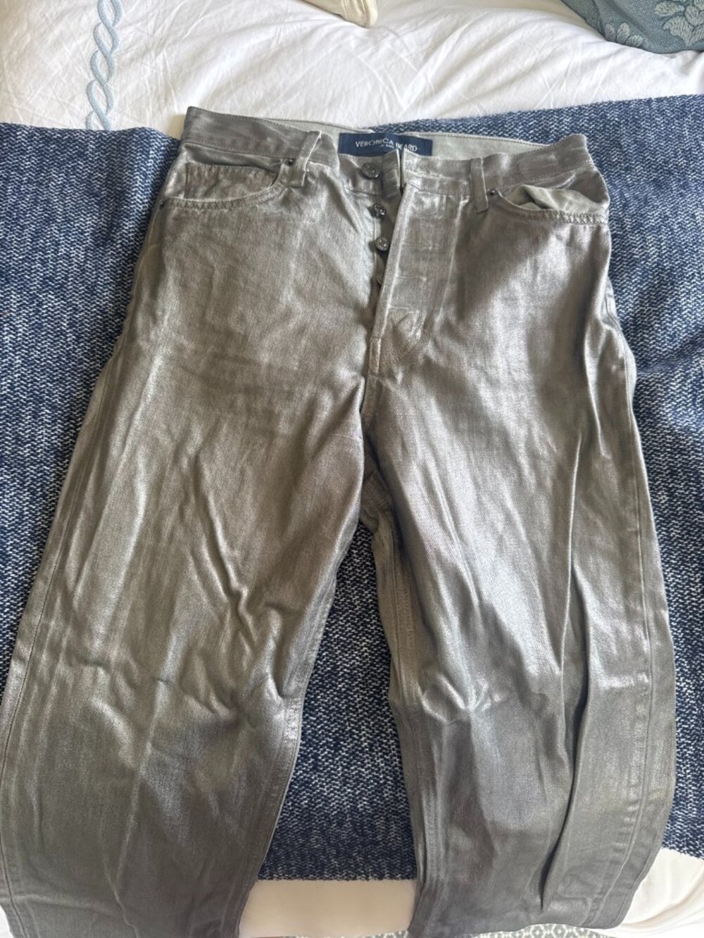 Veronica Beard Silver Metallic Coated Jeans Size 4 - Straight Leg Button Fly